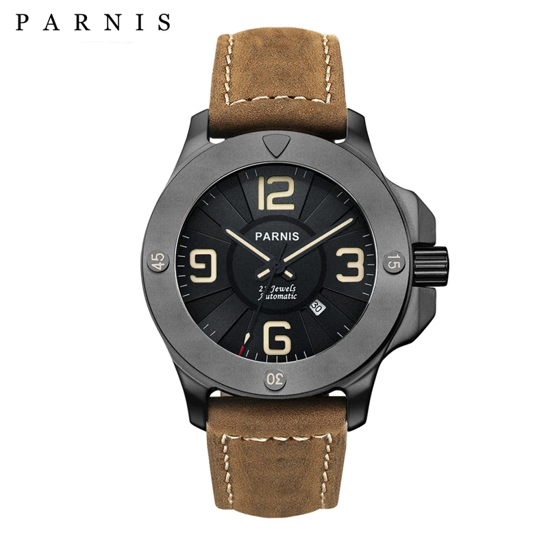 

Parnis 47mm Military Mechanical Men Watch Luxury Sapphire Crystal Luminous Waterproof Calendar Leather Band Automatic Watch