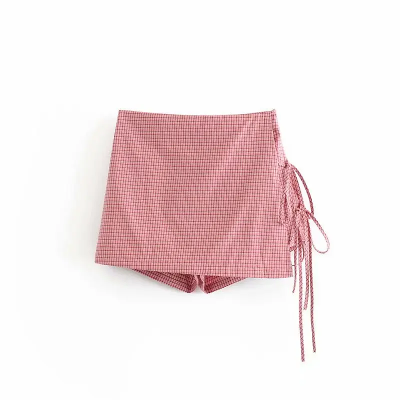 

C4103-9153 WOMEN'S Dress New Products Side Bandage Cloth Plaid Skirt Culottes