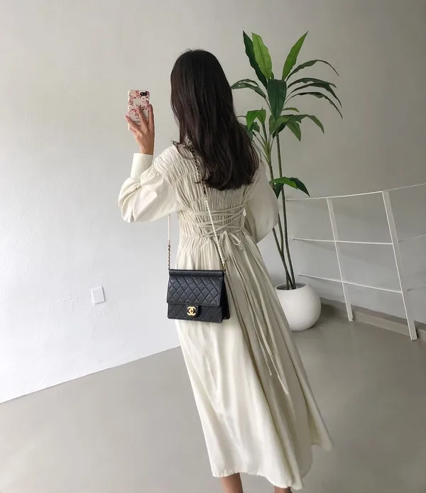 SHIJIA, женское платье с высокой талией и оборками, на шнуровке, с разрезом, Vestidos, винтажное простое женское длинное платье с круглым вырезом и длинным рукавом