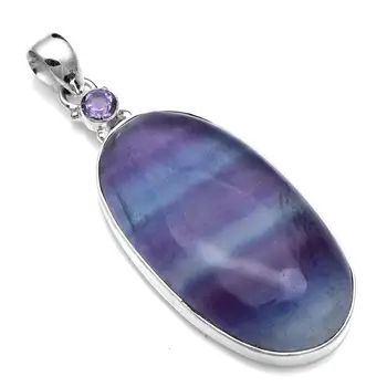 

Genuine Fluorite + Amethyst Pendant 925 Sterling Silver, 62.7 mm, 2SP0692