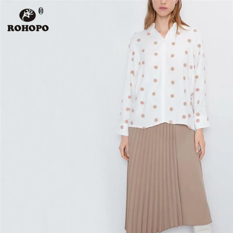 

ROHOPO Khaki Embroidery Polk Dot Long Sleeve White Blouse Turn Down Collar Buttons Fly Chic Ladies Top Blusa #9371