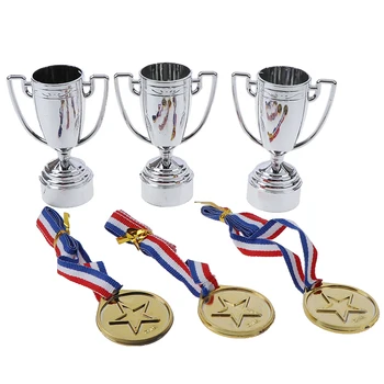 

Hot 6 Pcs=3pcs Gold Plastic Winners Medals +3 plastic Trophy Toys For Kids Party Fun Props