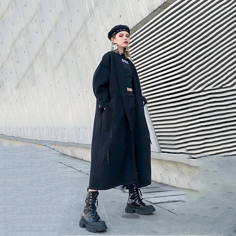 [EAM] свободное Черное короткое длинное шерстяное пальто большого размера, парка, новинка, длинный рукав, женская мода, Осень-зима, 1H891
