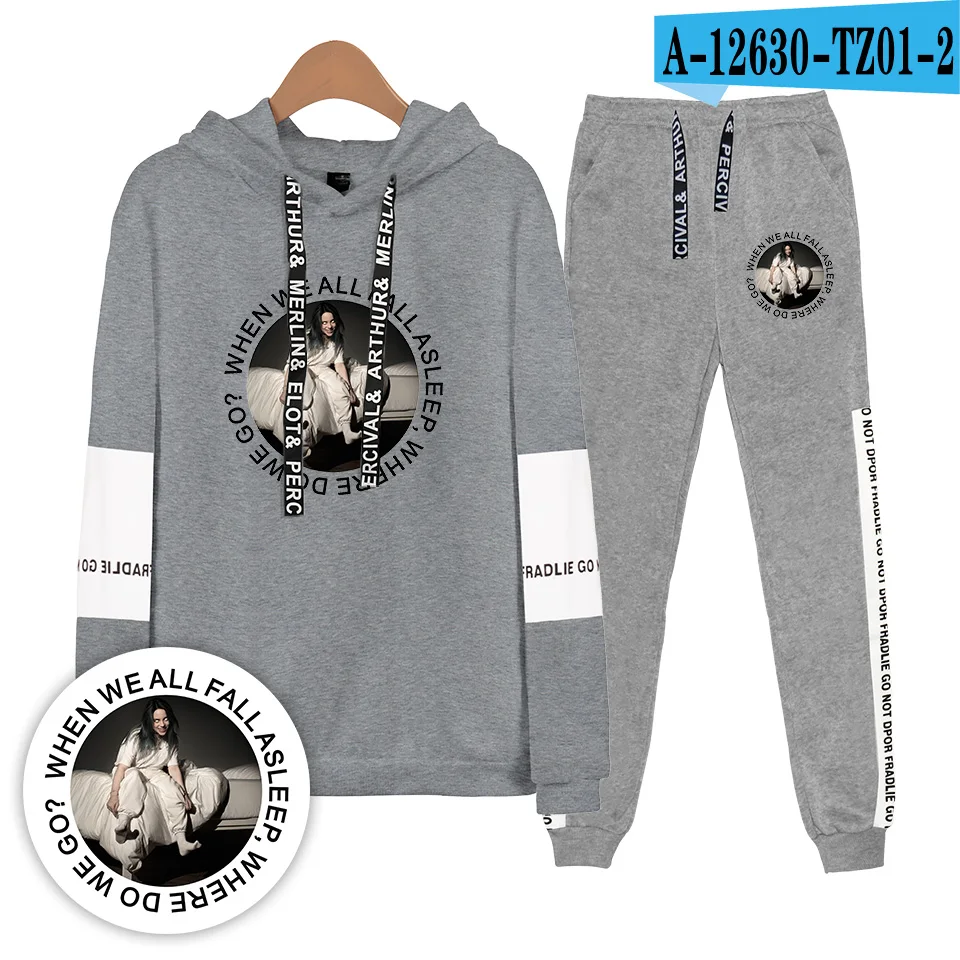 Горячая Распродажа Осень/зима толстовки Billie Eilish толстовки/женские спортивные брюки/мужской комплект из двух предметов с капюшоном костюм хлопок спортивная одежда - Цвет: Черный