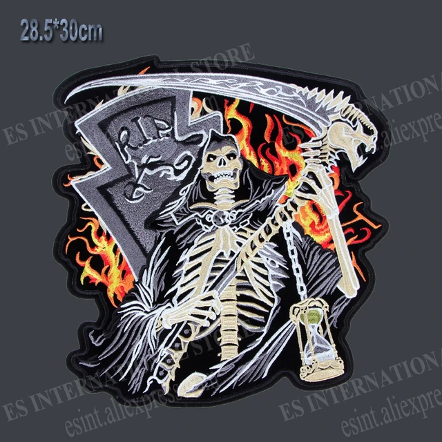 Large Embroidery Patches Flame Skeleton Skull Bull Head Axe Live Free For  Jacket Back Vest Biker Rock Punk Accessories Sew On