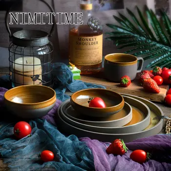 

NIMITIME Japanese Ceramic Tableware Set Retro Plate Restaurant Steak Dish Salad Bowl kitchen furniture