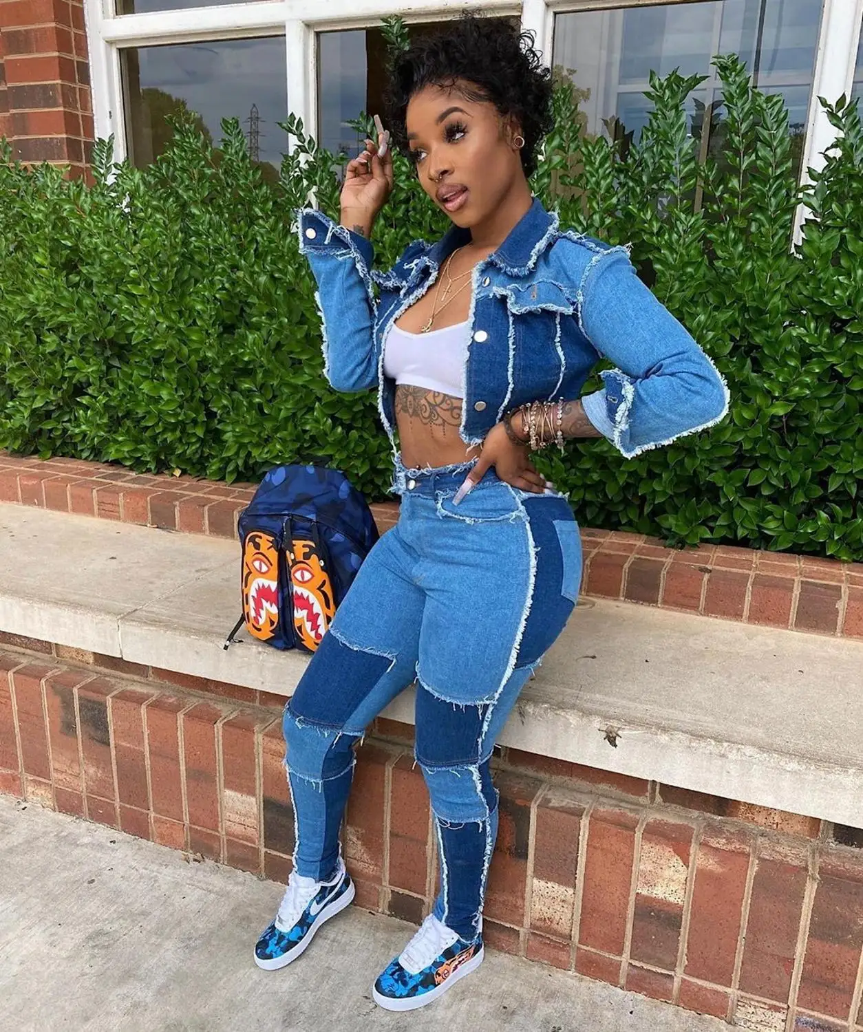 Long Sleeve Denim Jacket Top Sexy Set 