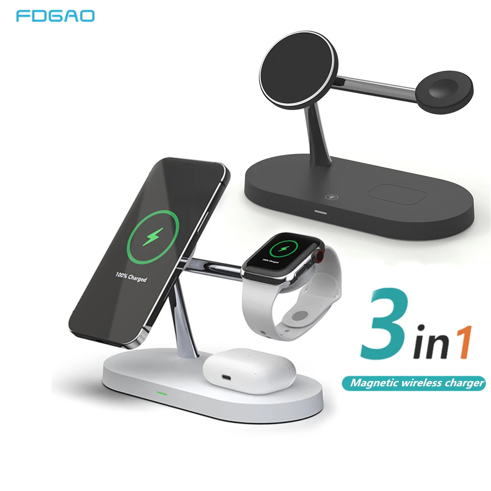3 In 1 Magnetic Wireless Charger Stand 15W Fast Charging Station For Magsafe IPhone 12 Pro Max Airpods Pro Apple Watch 6 5 4 3 2