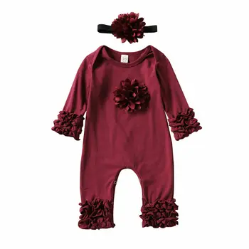 

2Pcs Newborn Kid Baby Girl Flower Romper Clothes Long Sleeve Solid Cotton Romper Jumpsuit Headband Outfit
