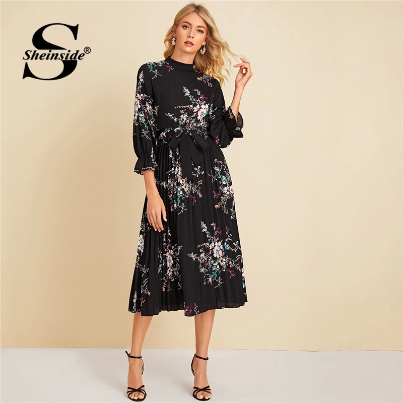 Sheinside Floral Print Flounce Sleeve Dress Women Autumn Pleated Hem A Line Dresses Ladies Casual Black Belted Dress