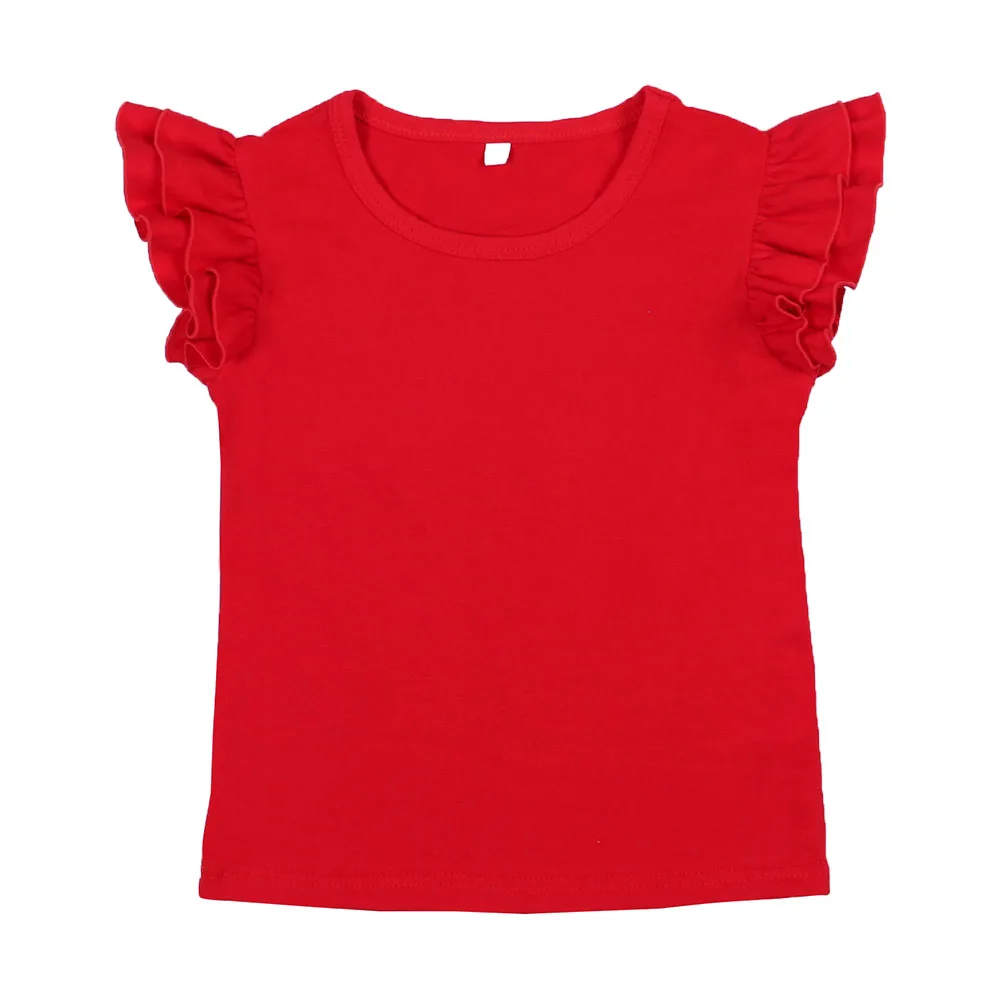 Хлопковые однотонные топы для девочек; Милые рубашки; Летние футболки с короткими рукавами-крылышками; одежда для детей; топы для девочек 2 лет - Цвет: red