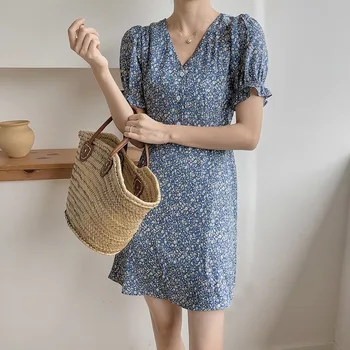 

Puff Sleeve Floral Dress Women V-neck 2020 New Summer A- line Above Knee, Mini Dress