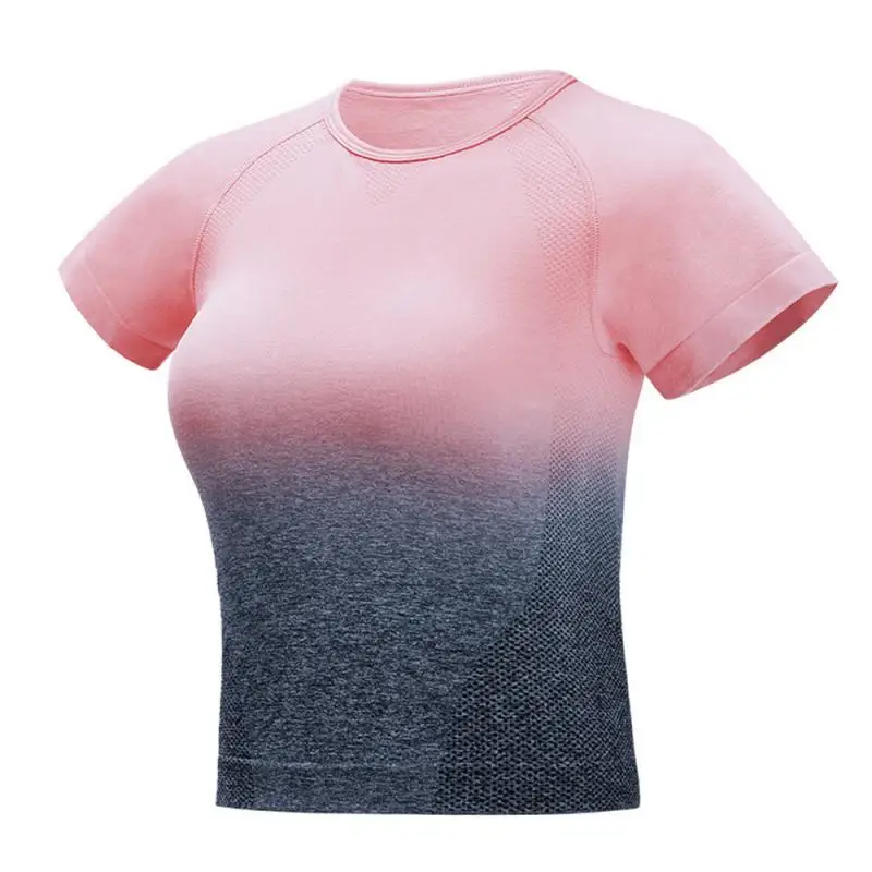 Женские градиентные бесшовные рубашки для йоги, короткий рукав, укороченный топ, базовые рубашки с овальным вырезом для женщин, для спорта, фитнеса, спортзала, тренировок, Топ# SD - Цвет: Розовый