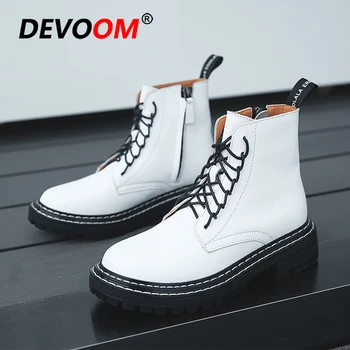 

2020 Fashion Chunky White Women Boots Thick Heels Genuine Leather Platform Ankle Boots for Women Soft Botas Mujer Ladies Shoes
