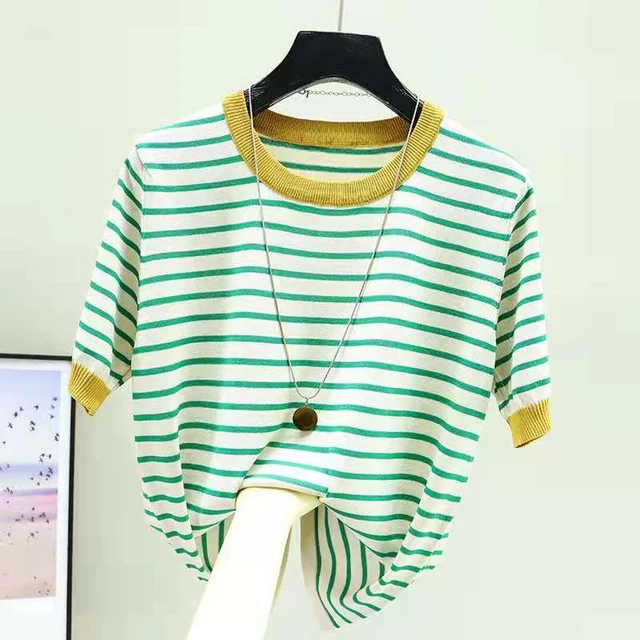 Shintimes Striped Tee Shirt Femme Tops Summer T Shirt Women Thin Ice Silk Knitted T-Shirts Short Sleeve Clothing Camisetas Mujer Yellow collar