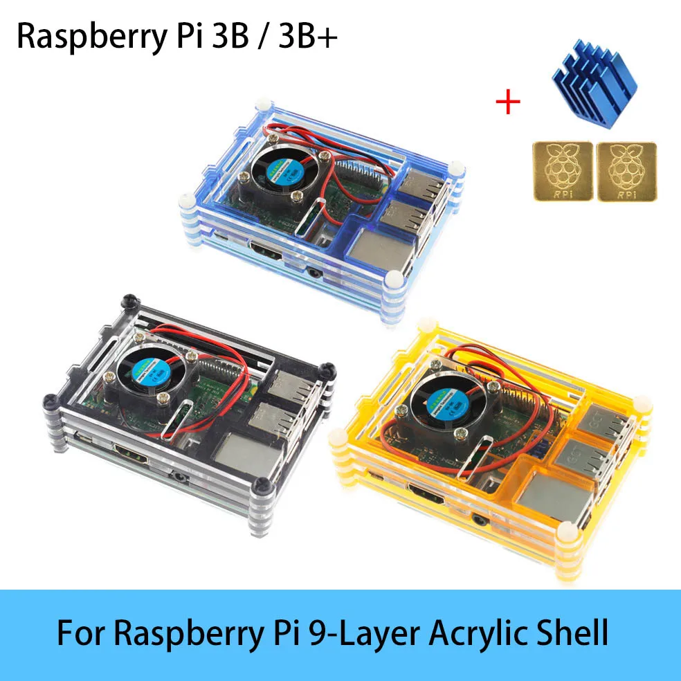 Для Raspberry Pi 3B Plus, корпус, коробка, 9 слоев, акриловая оболочка, крышка, вентилятор охлаждения процессора и радиатор для Raspberry Pi 3 Model B