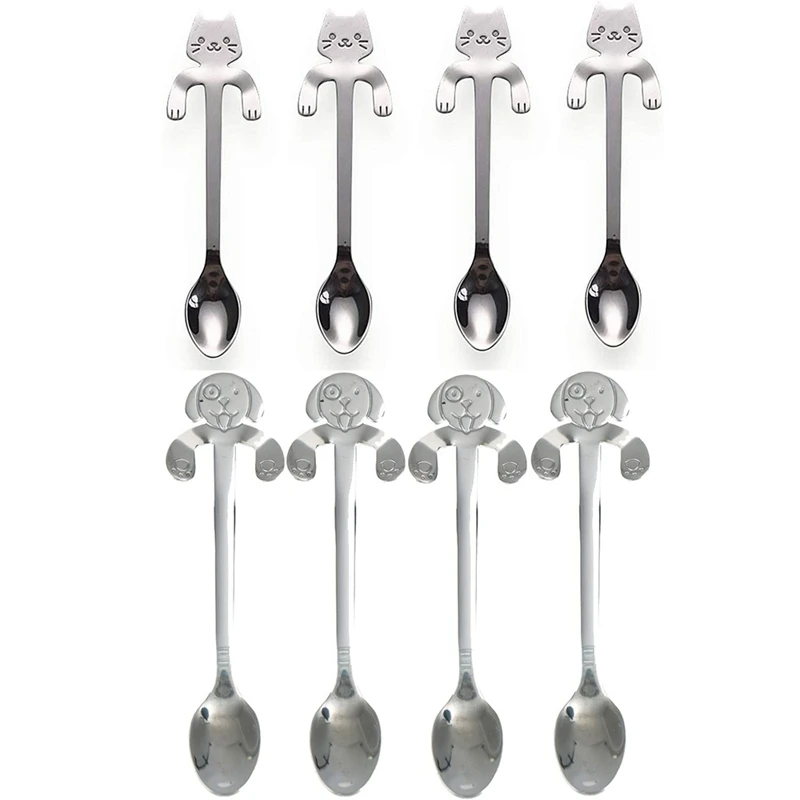 4 Pcs Coffee Spoon Stainless Steel Dog and 4Pcs Cat Dessert Drink Spoons Mixing Kitchen Supplies | Дом и сад