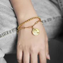 Bracelets for Women Layered Gold Color Stainless Steel  Elizabeth Coin Charms Wheat Paperclip Chain Name Engraving Tag LDB300