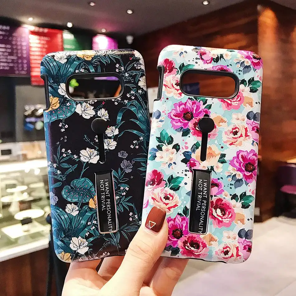 

For Samsung S10 Galaxy S10 Plus S10E Case Fashion Tropical Flower Silicon Stretch Ring Cover With Hide Stand Holder Phone Case