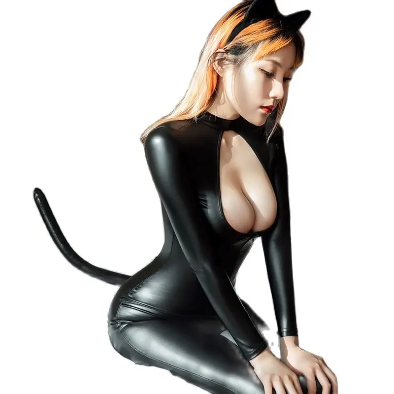 

Hollow Out Long Zipper Open Crotch Bodysuit Cosplay Eyra Cat Girl Catsuit PU Leather Catsuit Rompers Womens Jumpsuit Set Teddies