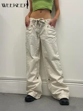 Weekeep Casual Streetwear Mom Jeans Women Lace Up Low Waist Baggy Wide Leg Denim Cargo Pants Y2k Vintage Mujer Straight Trousers