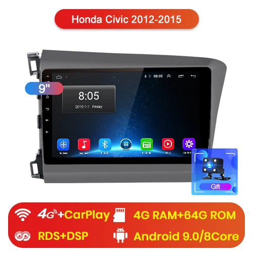 Junsun V1 pro 4G+ 64G CarPlay Android 9,0 DSP для Honda Civic 2012 2013- автомобильный Радио Мультимедиа Видео плеер навигация gps - Цвет: 4G (4GB 64GB)