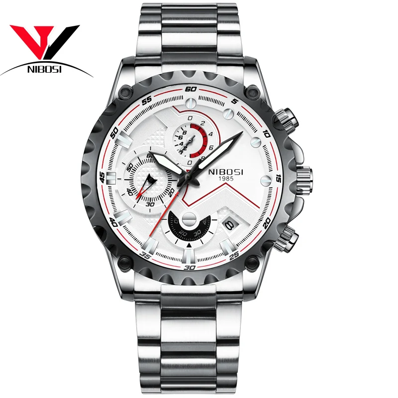 silver white s NIBOSI мужские часы с синим кожаным ремешком от ведущего бренда, роскошные спортивные/уличные часы, мужские водонепроницаемые военные кварцевые наручные часы - Цвет: silver white s