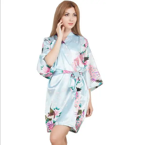 home bathrobe Wedding Bride Sleepwear Flower Bridesmaid Robe Satin Rayon Bathrobe Nightgown For Women Kimono халаты - Цвет: light blue
