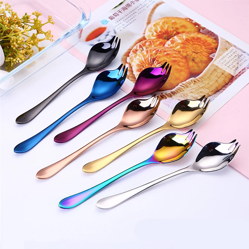 Creative Stainless Steel Fruit Salad Fork Spoon Colorful Ice Cream Dessert Spoon Multifunction