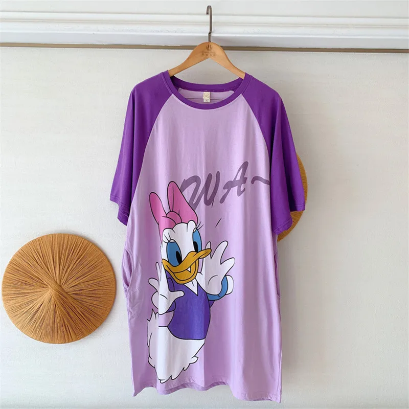 Cartoon Mickey Duck Fashion Print Summer Short Sleeve Nightdress Pajamas Women's Summer Long Skirt Loose Home Wear Pajamas 3