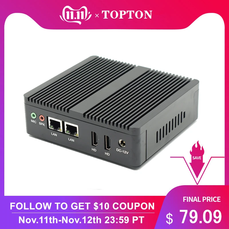 Topton четырехъядерный 3160 J1900 безвентиляторный мини ПК Windows 7 10 DUAL NICs wifi Linux Pfsense роутер с файрволом сервер AES-NI поддерживается