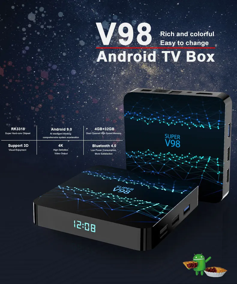 V98 Android 9,0 tv Box 2,4G WiFi 4 Гб ОЗУ 32 Гб ПЗУ Смарт медиаплеер RK3318 четырехъядерный 2 Гб 16 Гб H.265 4K HDR USB 3,0 приставка