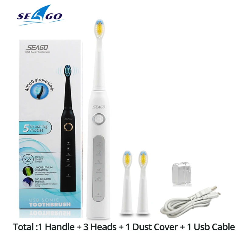 Seago Sonic Electric Toothbrush SG-507 Adult Timer Brush 5 Modes USB Charger Rechargeable Tooth Brushes Replacement Heads Set 12