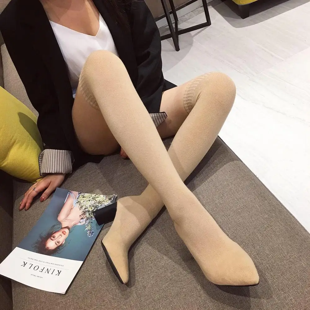 Women High Heel Boots Women Sock Boots Over The Knee Pointed Toe Elastic Fabric Boots Woman Slip On Thick High Heels Stretch Woman Black Brown
