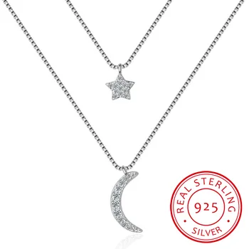 

Double-layer Zirconia Moon Star 925 Sterling Silver Necklaces For Women Short Chain Choker de prata Gift S-N389