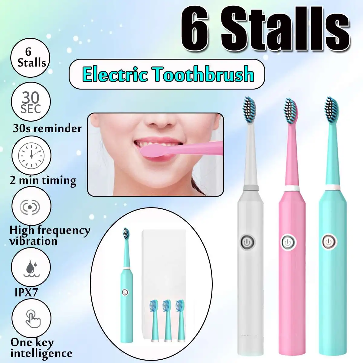 

Soft Electric Toothbrush 6 Stalls Acoustic Wave Vibration Waterproof with 4 Brush Head Replaceable Whitening Healthy Best Gift