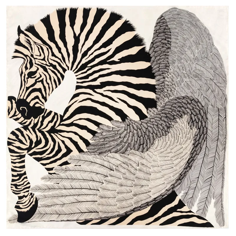 POBINGTwill Seidenschal Frauen Fly Horse Print Quadratische Schals Manuelle Handgerollte Echarpes Foulards Femme Wrap Bandana Hijab 90CM