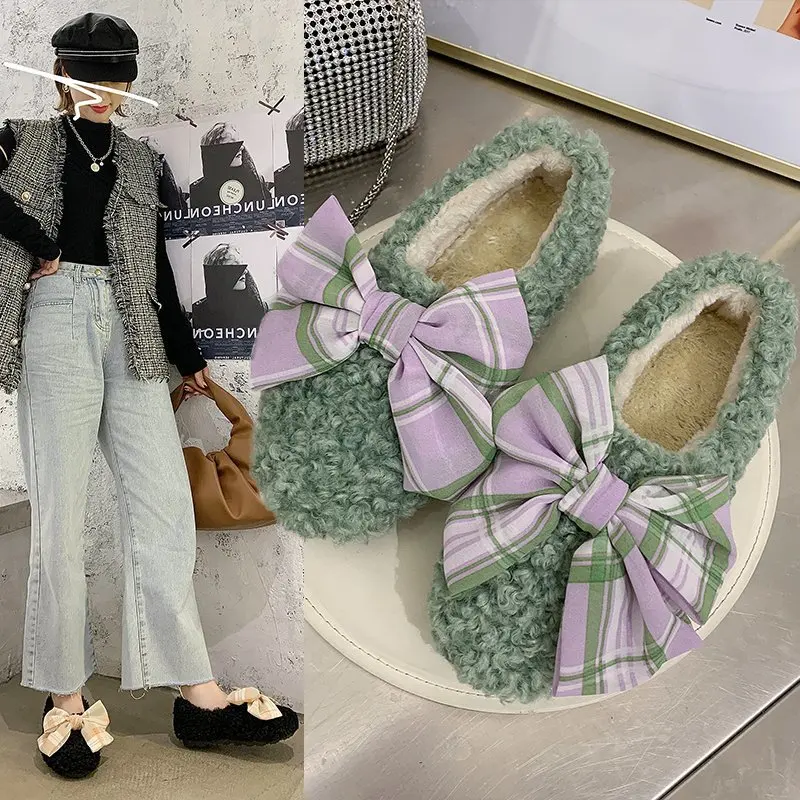

Fashion The New Fur Shoes Winter Casual Slip-On Round Toe Butterfly-knot Plush Keep Warm Comfortable Breathable Flat Plus velvet