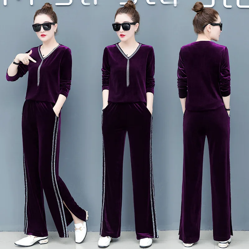 

Spring Women Tracksuit Sportswear Velvet Loose Wide Leg Sweatshirt+pant Running Jogger Fitness Gym Workout Casual Set Sport Suit