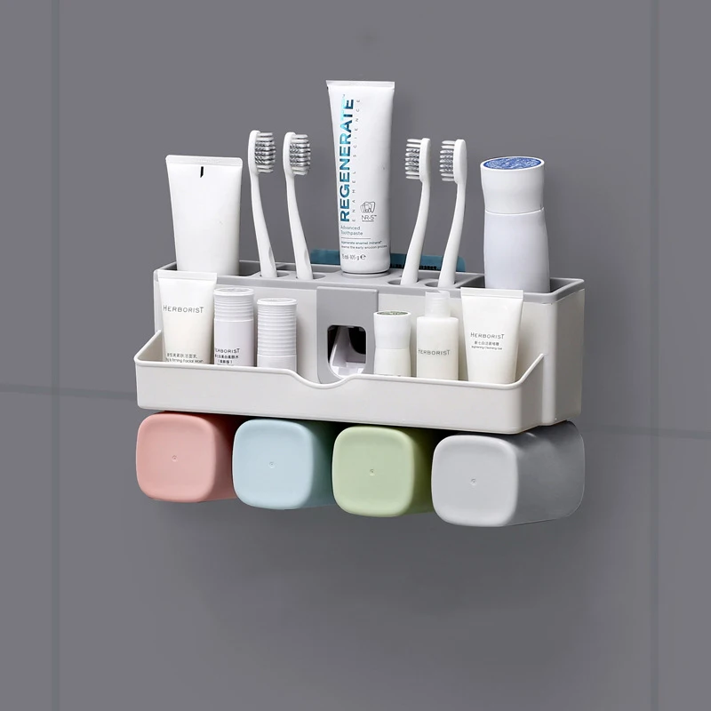 

Bathroom Toothbrush Storage Rack Punch Free Wall Mounted Toothpaste Shelf Multifunction Bathroom Organizer