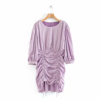 

Summer Plaid Dress Women's Round Neck Ruffle Dress Casual