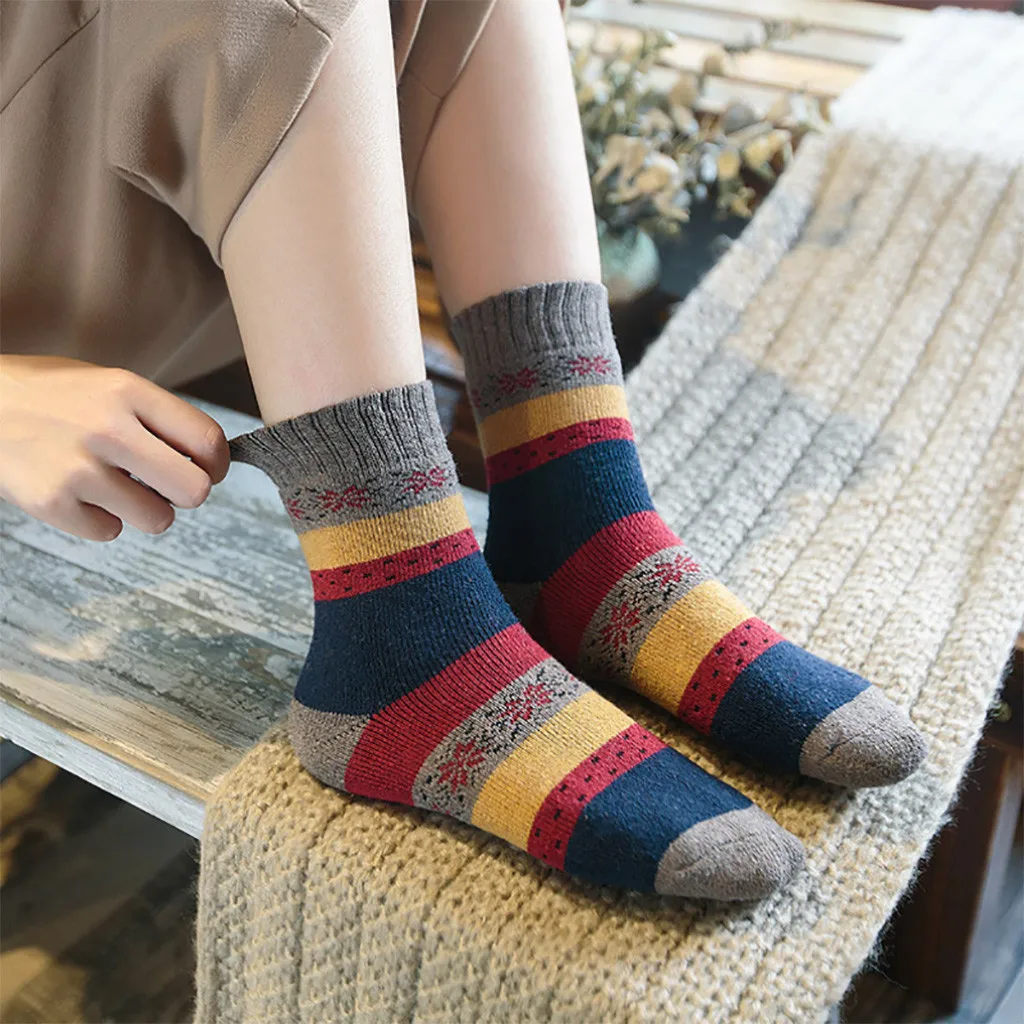 5 пар, высокое качество, женские длинные носки, забавные счастливые носки, зимние радужные полосатые носки-трубы средней высоты, Ретро стиль, хлопковые женские теплые носки, Meias