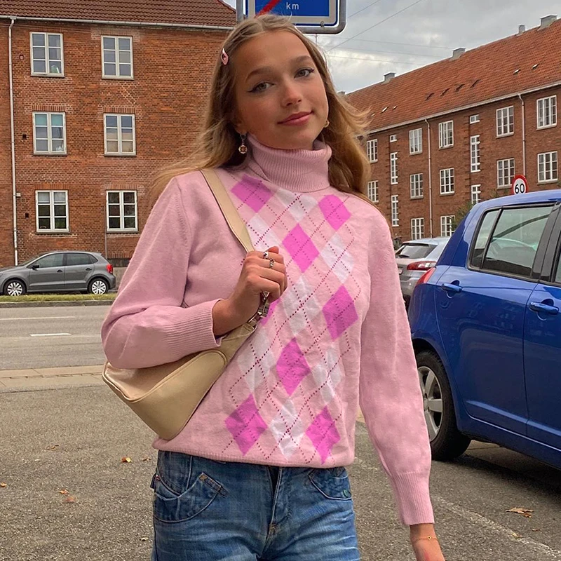 

Argyle Geometric Knitted Sweet Pink Sweater Women 2020 Autumn Warm Turtleneck Long Sleeve Vintage Plaid Pullover Tops Jumpers