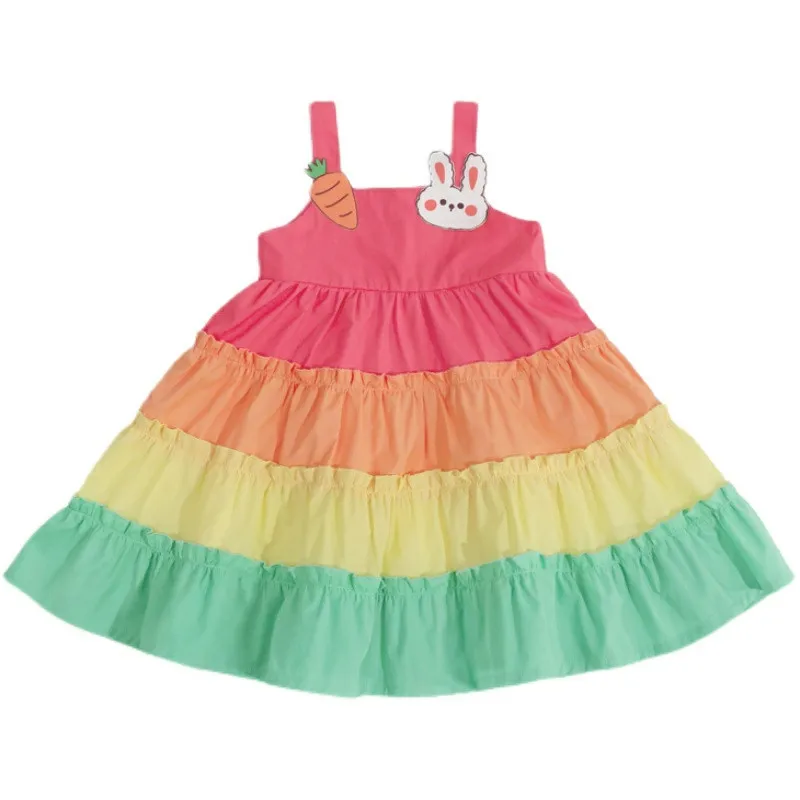 

Summer girls cartoon dresses rainbow suspender dress children Korean version of thecake dress Splicing flower girl dresses