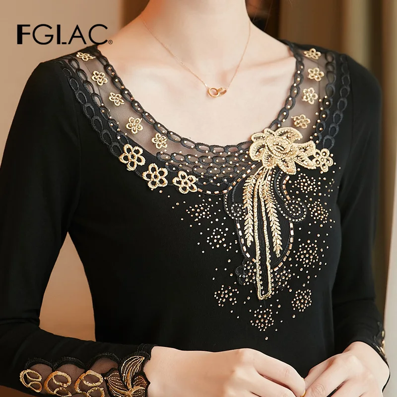

FGLAC female T-shirt New 2019 Autumn Long sleeve Mesh tops Diamond embroidered Good elasticity Plus size Women tops and T-SHIRT