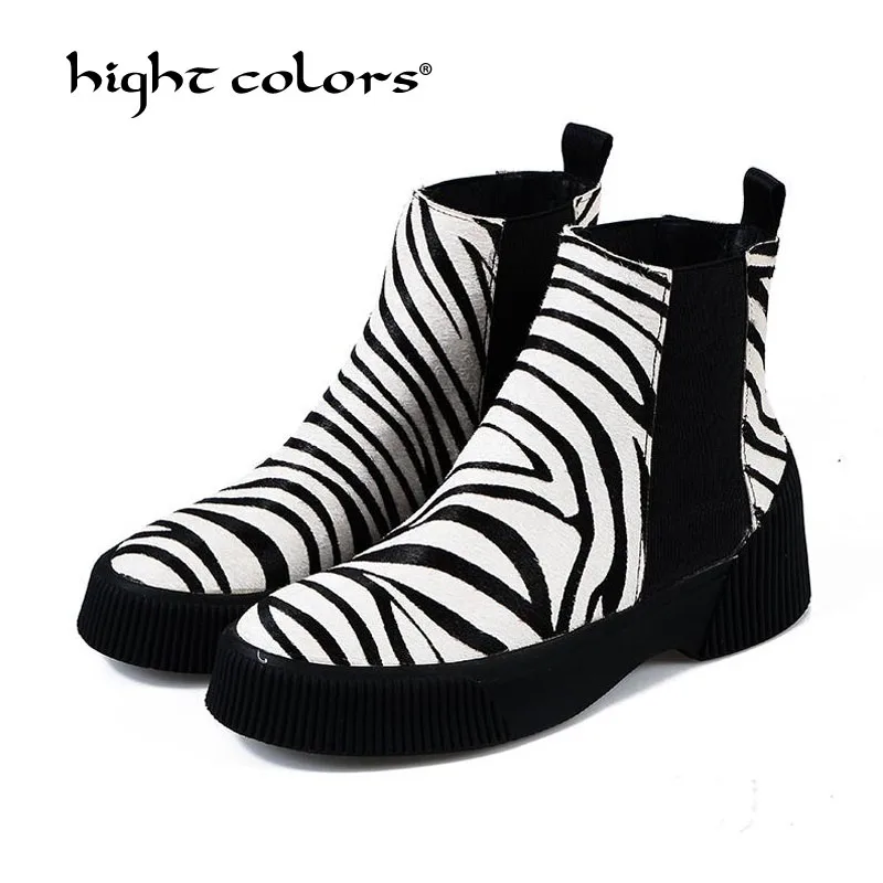 

34-40 New Arrival Zebra Printing Ankle Boots For Women Horse Hair Round Toe High Heels Shoes Ladies Thick Heel Botines T55-09
