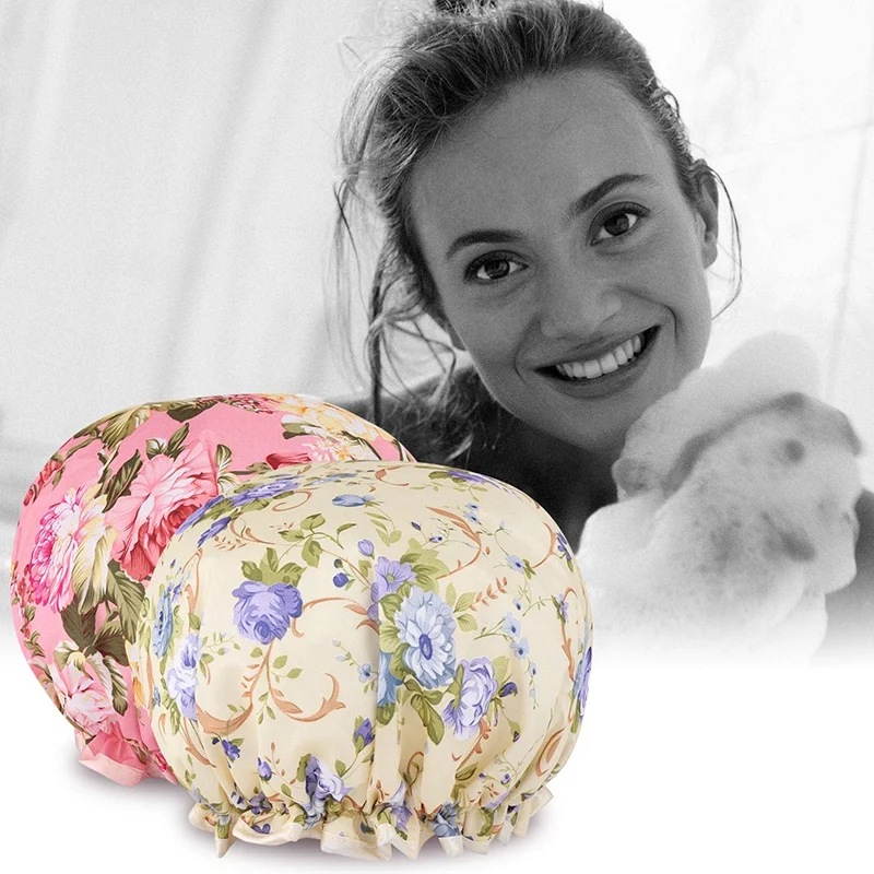 10.5 Inch Flower Shower Caps for Women and Girl Waterproof Double