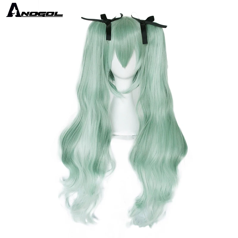 Anogol синтетический парик для косплея Vocaloid Hatsune Miku с двойными зелеными хвостиками для Хэллоуина, вечерние, ролевые игры+ черная лента