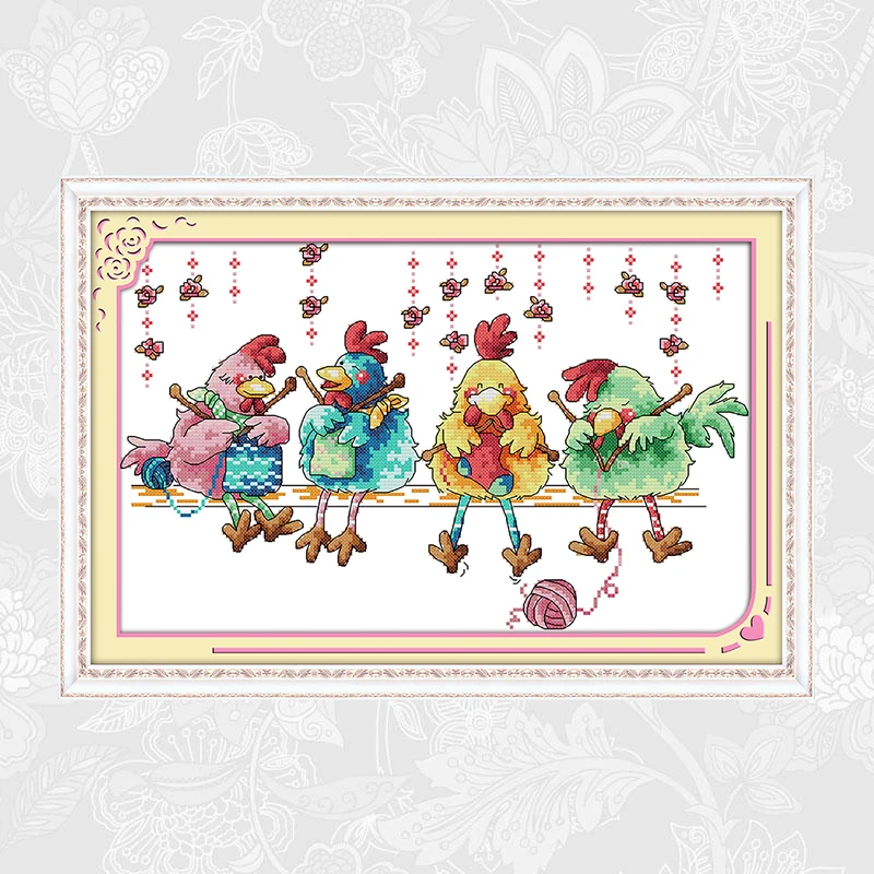 

The Chicken Knitting a Sweater Paintings Cross Stitch Printed Canvas DIY Handmade Embroidery Needlework Cotton Thread Crafts