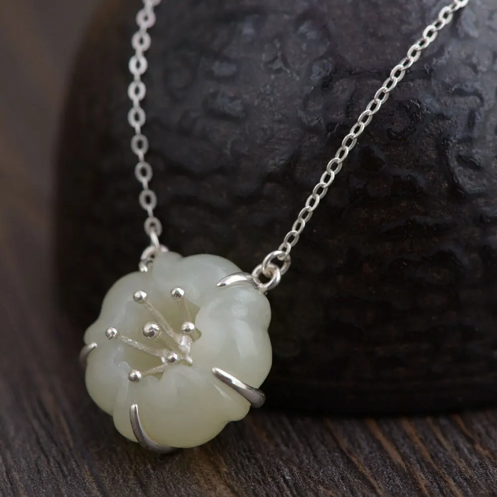 

FNJ 925 Silver Flower Jade Pendant For Jewelry Making Vintage 45cm 100% Pure Sterling Silver Necklace Women